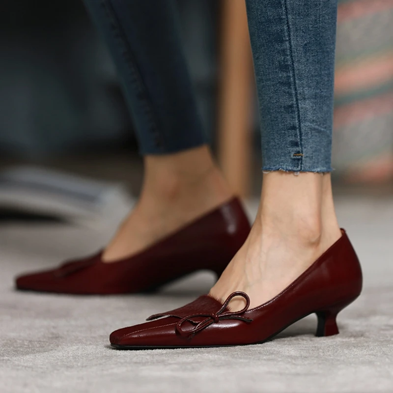 

Pumps Formal Elegant Style Leather Horsehair Patchwork Design Butterfly-knot Mid Heel Shoes Medium Heel 2 Colors Classic Shoes