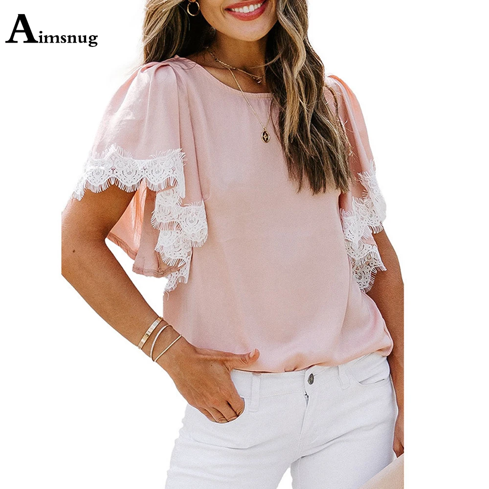 

Women New Patchwork Lace Top Eleagnt Chiffon Short Sleeve Pink Blouse Streetwear O-neck Casual Pullovers Pull Jersey Mujer Femme