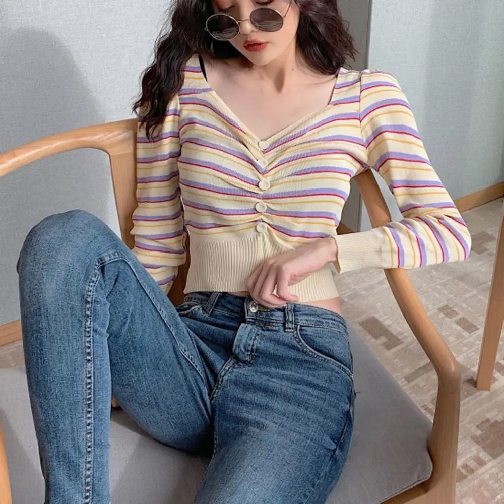 свитер женский sweater Women Casual Knitting V-Neck Tops Long Sleeve Stripe Slim Sweater cardigan pull femme nouveaute 502SS30X |