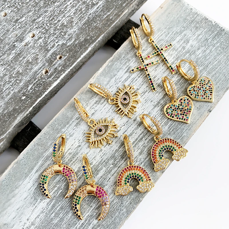 Радужные готические серьги Cross Eye с золотым сердцем Stud Bar медные Aretes De Moda украшения для женщин подарок на Рождество.