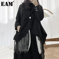 eam women mesh asymmetrical blazer new notched collar long sleeve loose fit jacket fashion tide spring autumn 2021 1dd3175