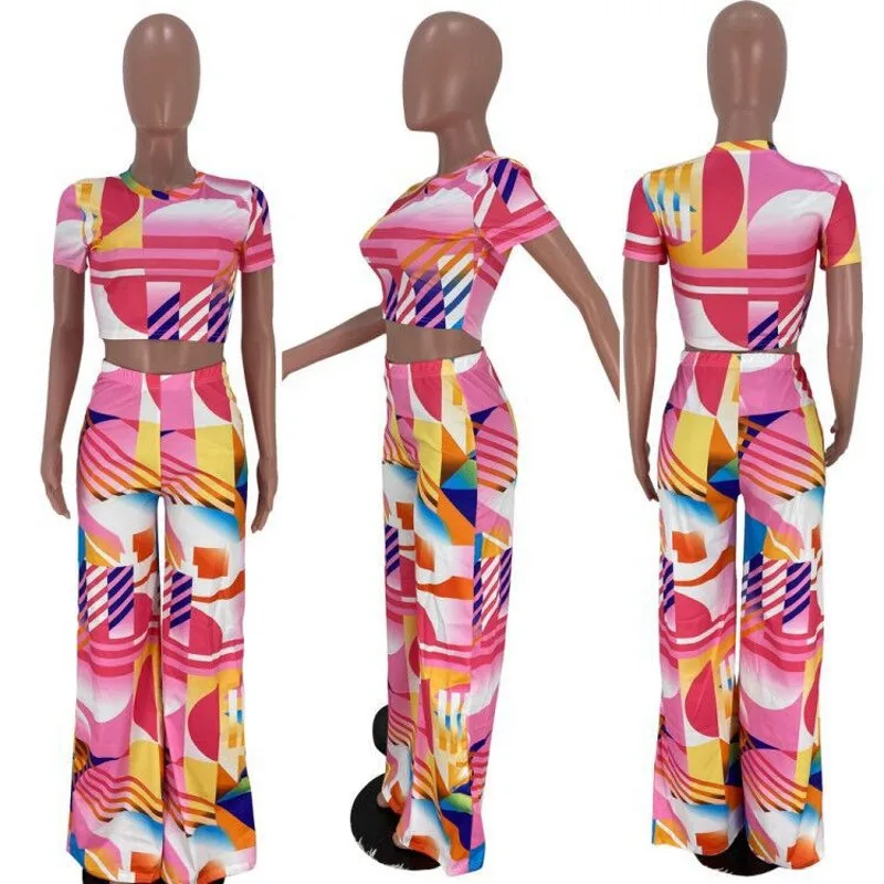 

2021 Summer Women Fashion Colorful Print 2PCS Short Sleeves O-Neck Cropped Tops Wide Loose Leg Pants Casual Outfits High Street