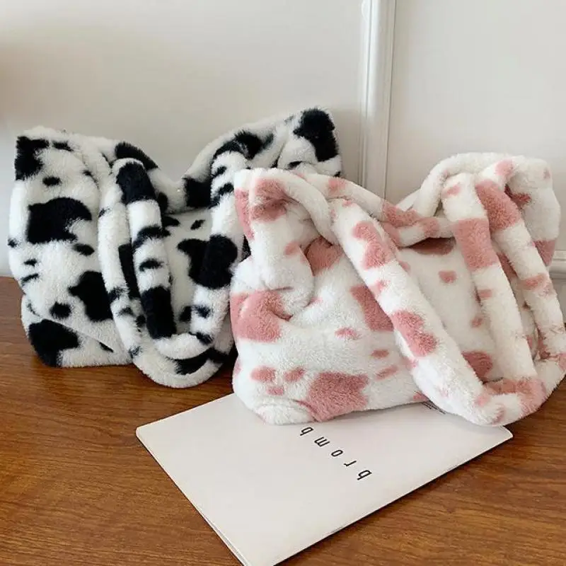 

Lnv Women's Bag Cow Pattern Black Pink Faux Fur Bag High Capacity Fashion Shoulder Bag For Women 2021 New Winter Bolsa Feminina