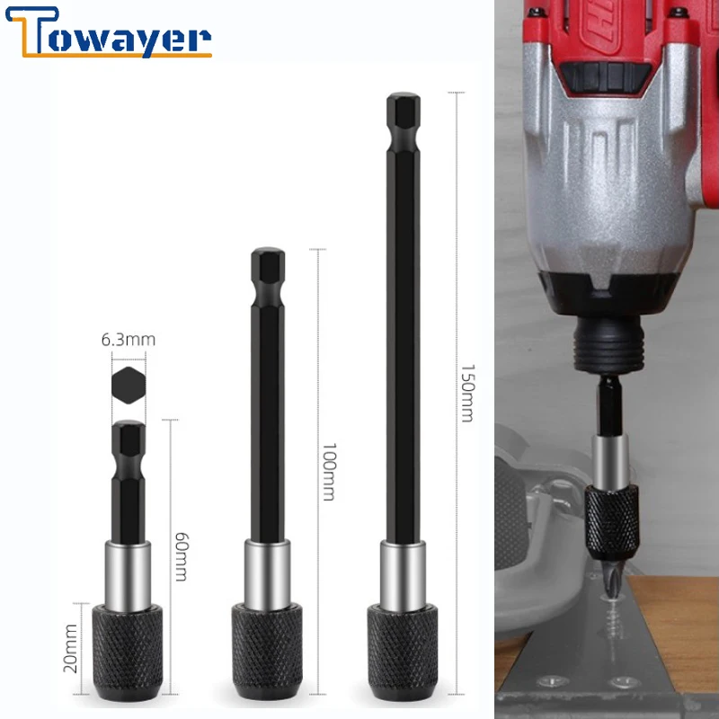 

Towayer 1/4 Inch Hex Shank Quick Release Screwdriver Bit Holder With Adjustable Collar Extension Bar 60mm 100mm 150mm
