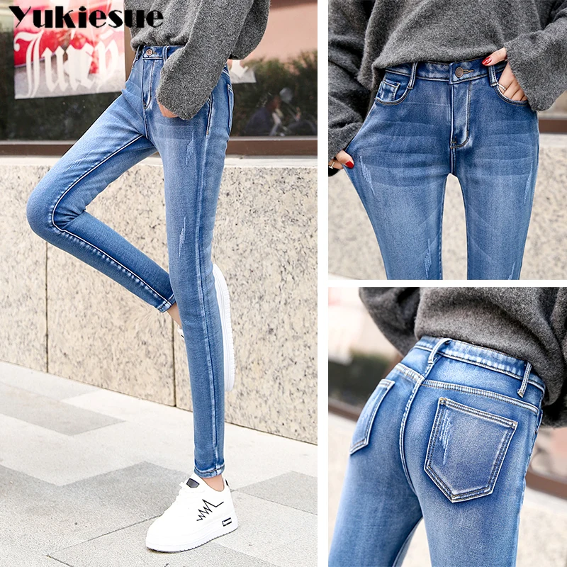 Теплые джинсовые штаны для женщин зимние плотные обтягивающие брюки-карандаш с