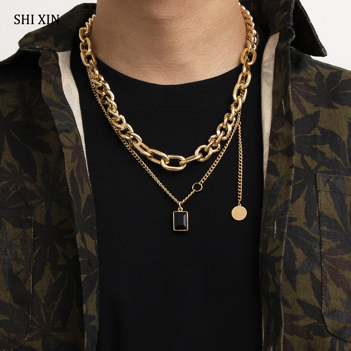

SHIXIN Punk Layered Chain Choker Necklaces Men Coin/Black Gem Pendant Necklace for Women Fashion Necklaces Chain on Neck Jewelry