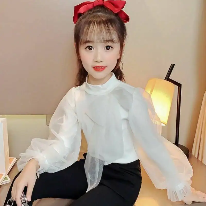 

Girls Puff Sleeve T-shirt Spring 2022 New Children's Fashion Outer Wear Long Sleeve T-shirt Baby Sweet Bow Kid's Bottoming Shirt