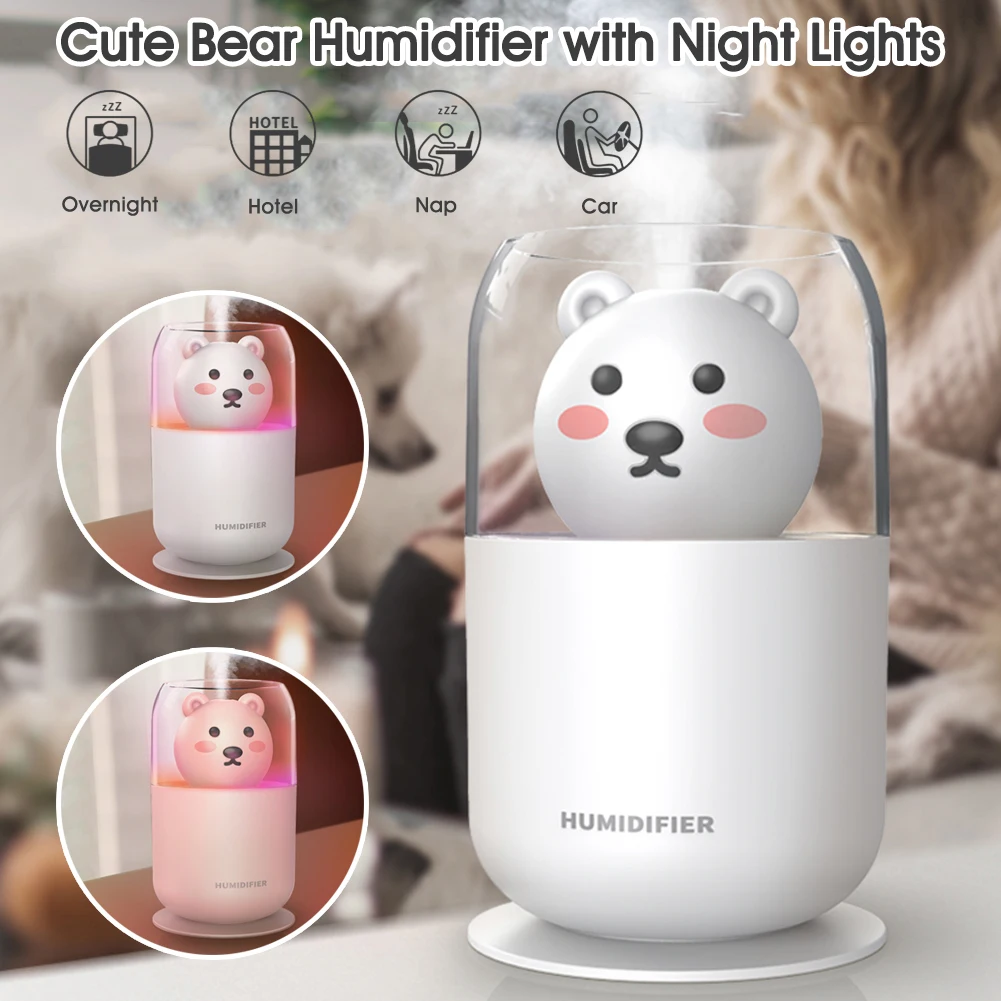 

Mini USB Humidifier Cute Bear with Colorful Lights 300ml Water Tank, 2 Timers Quiet Operation for Home