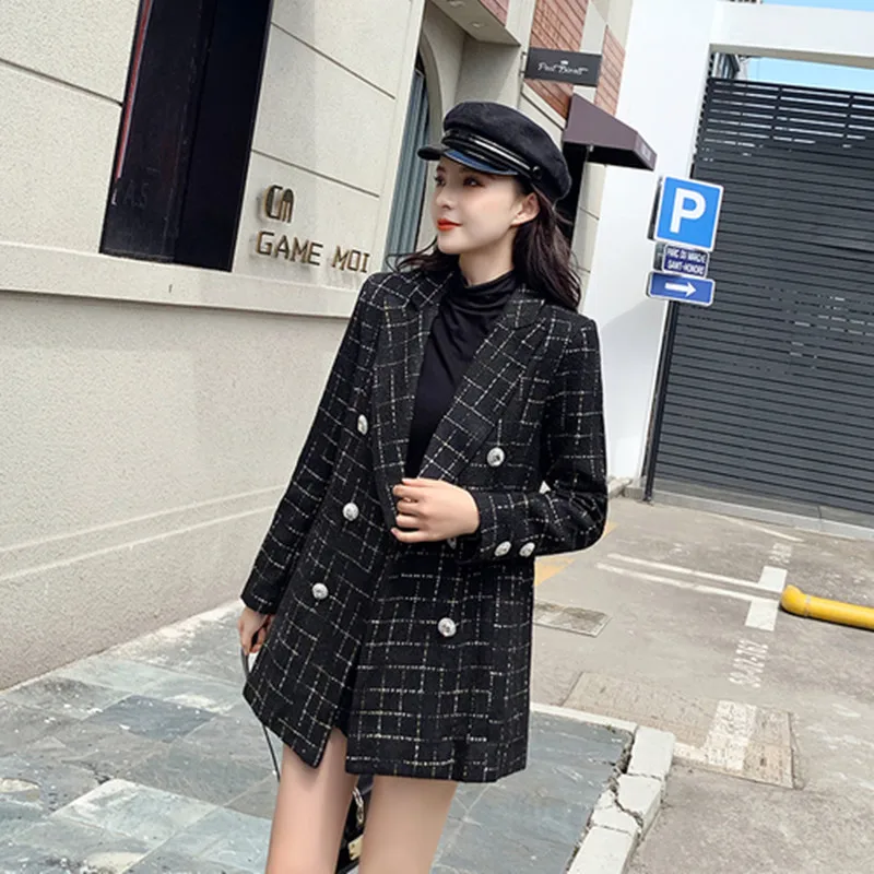 Женский костюм с отложным воротником двубортный пиджак и короткая юбка комплект