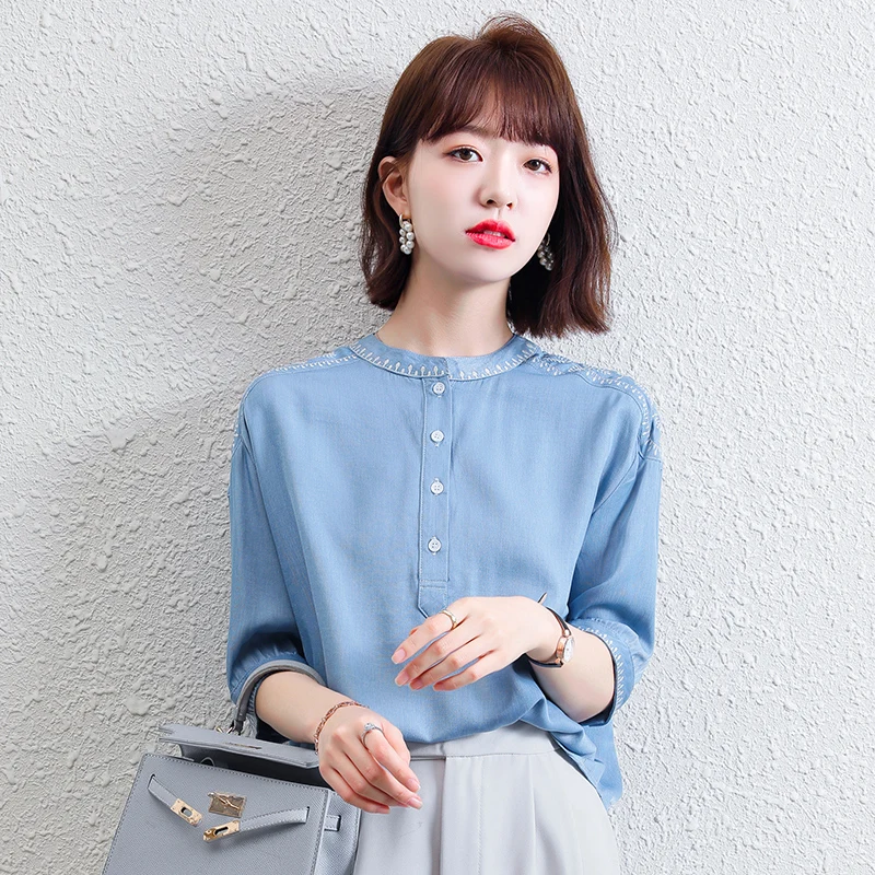 

Korean Fashion Silk Women Blouses Office Lady Shirts Satin Short Sleeve Womens Tops and Blouses Black Blusas Largas