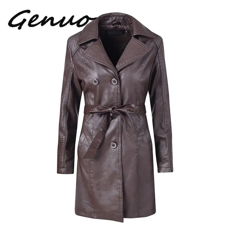 

Genuo Women Sheepskin PU Leather Jacket Belt Gothic Black Trench Fast Wash Autumn Winter Double-breasted Plus Size Cotton Coat