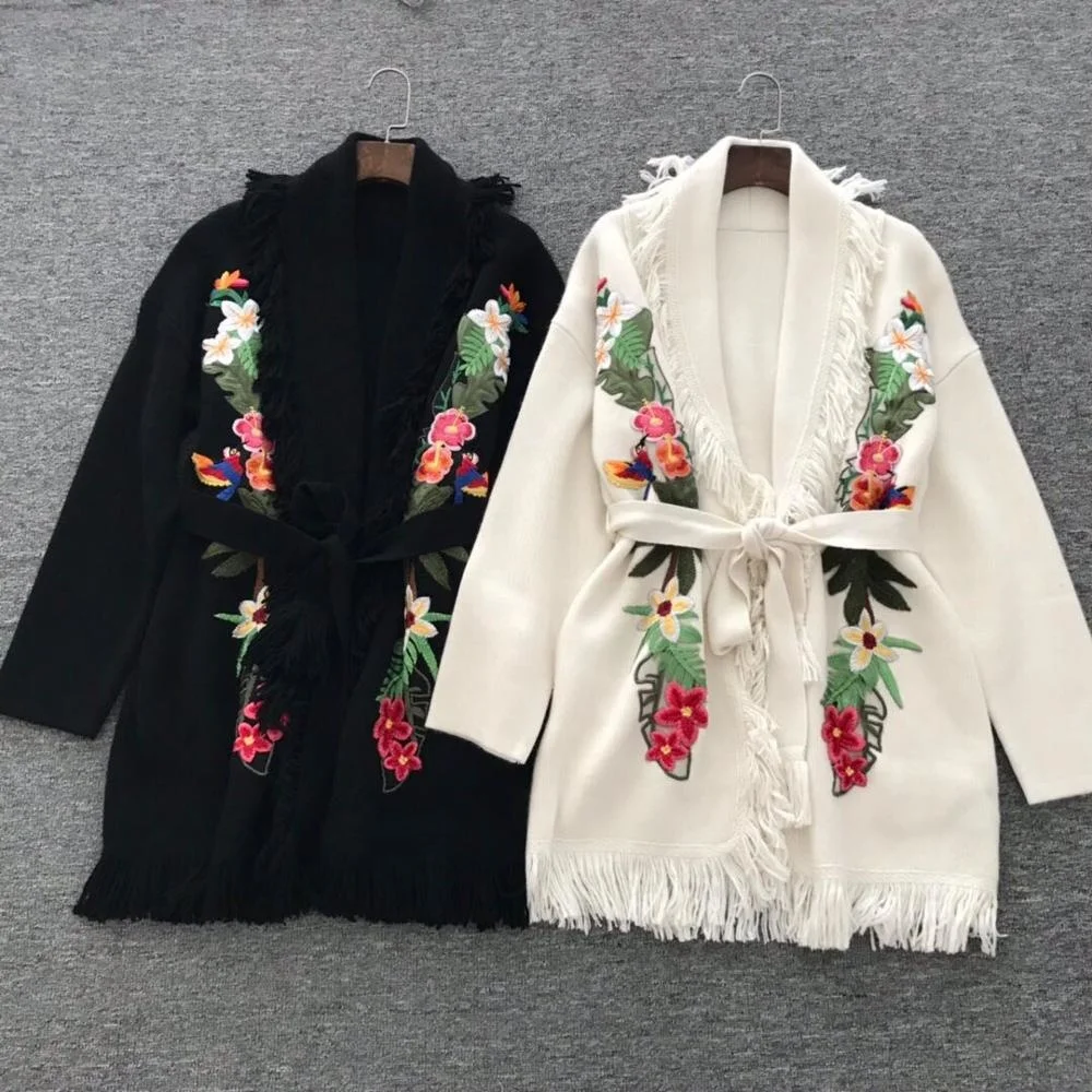 

High 2021SS Spring Quality Women Flower Embrodery Tassel Cashmere Knitted Cardigans Coat With Belts Female Sweater 2 Color