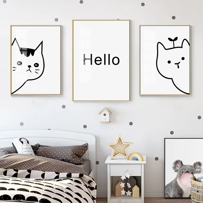 

Canvas Painting Home Decoration Minimalist Modern Cartoon Cat Wall Art Poster Nortic Line Drawing Black and White Animal