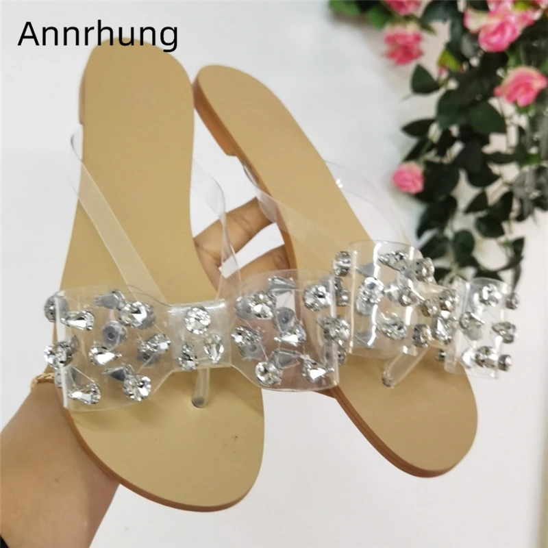 

Summer 2020 Crystal Butterfly-knot Flip Flops Sexy Open Toe Flat Heel PVC Transparent Rhinestone Woman Slippers