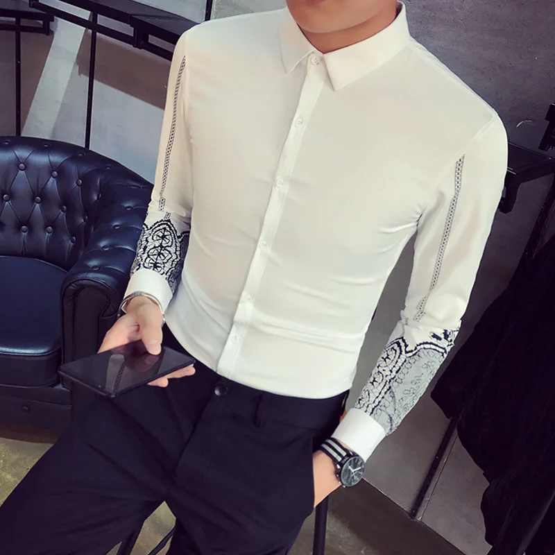 Мужские рубашки с длинным рукавом Дизайнерские повседневные принтом белые