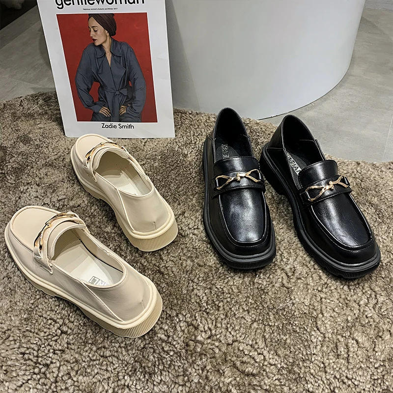 

Shallow Mouth Womens Loafers Shoes British Style Modis Oxfords Casual Female Sneakers Flats Square Toe All-Match Slip-on Preppy