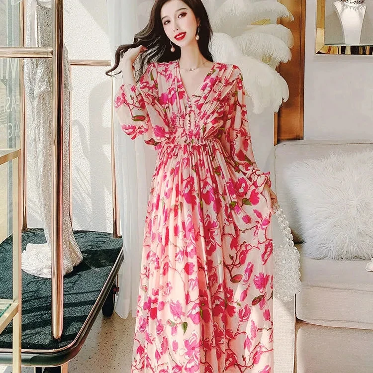 

New 2021 Summer Women's Beach Floral Dress Elegant Extra Long Dresses Ladies Slim Button Party V-neck Dress