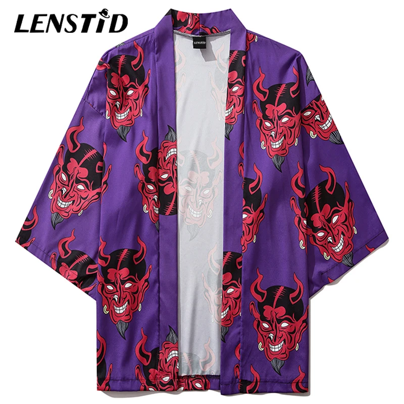 Мужское кимоно с длинным рукавом LENSTID тонкое японское принтом призрака уличная