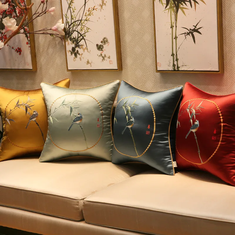 Бамбуковые чехлы на подушки с вышивкой в китайском стиле птицами