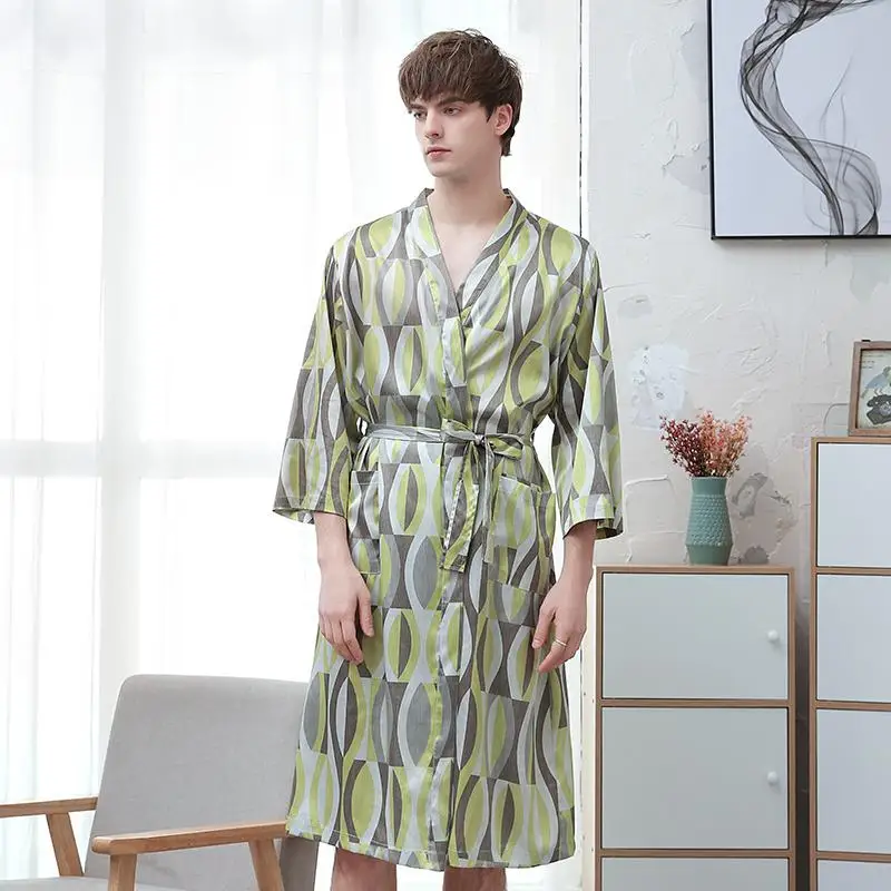 Men Satin Robe Lovers Sleepwear Nightgown Print Kimono Bathrobe Gown Home Clothing Casual Homewear Nightwear Big Size 3XL