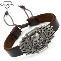 mens 925 silver vintage punk leather bracelet vintage flame skull mens domineering bracelet ersonalized hand woven bracelet