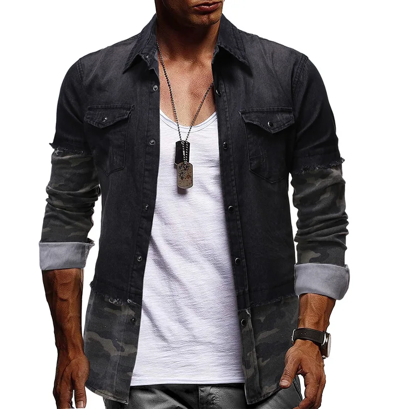 

Black Denim Shirt Men Casual Fit Slim Long Sleeve Shirts 2020 New Cotton splice Shirt Mens Clothing high quality plus size 3XL