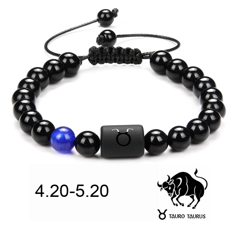 

8MM Black Onyx Stone Beads 12 Constellation Couple Bracelets For Women Men Handmade Braided Bracelet Charm Zodiac Sign Jewelry