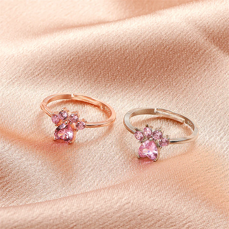 

New creative personality cute cartoon opening adjustable cat paw cat footprint zircon ring female jewelry accessories wholesale