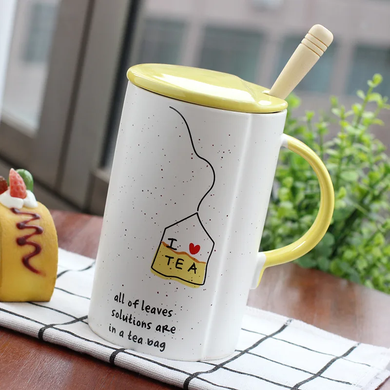 

350ml Cartoon Coffee Mug Creative Straight Ceramic Cup Korean Style Cover Office Mug Spoon Milk Breakfast Cup GiftCute Style