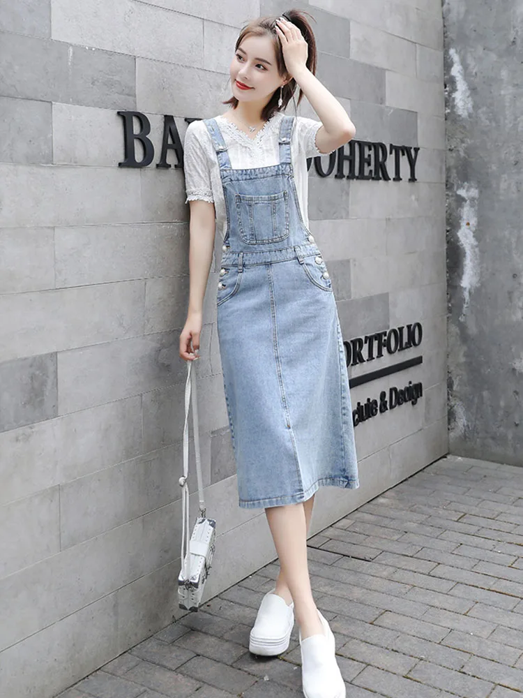 

Женский джинсовый комбинезон, винтажная юбка на тонких бретелях, с высокой талией, с разрезом, лето