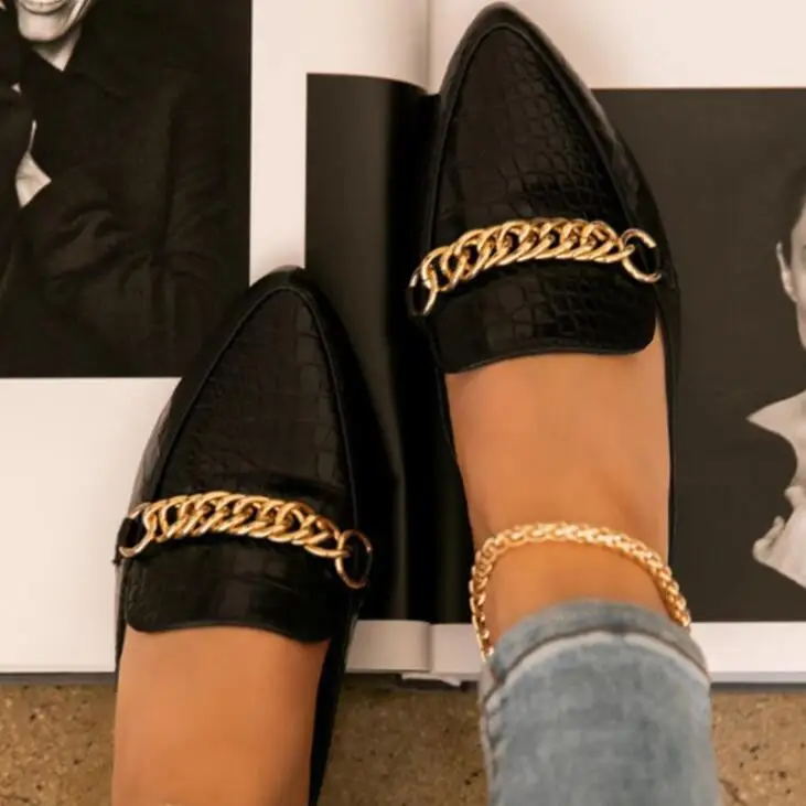 

Шлепанцы женские с металлической цепочкой, кожа со змеиным принтом, летние туфли для отдыха, модные сандалии для банкета, уличные шлепанцы, ...