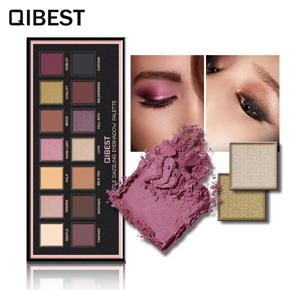 Qibest 14 Colors Eyeshadow Compact Pearlescent Matte Eyeshadow Low-Key Luxury Flannel Light Makeup Gift for Women Cosmetic Hot