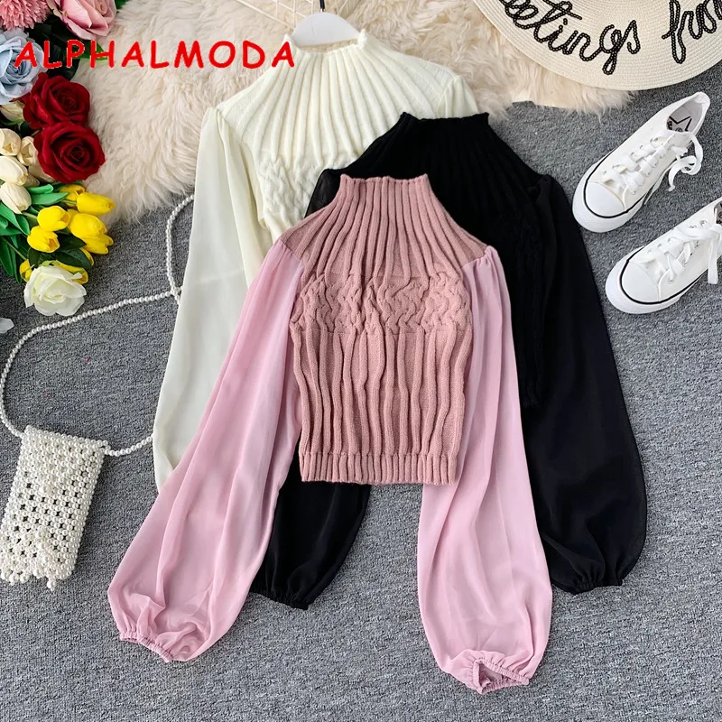ALPHALMODA осень-зима модный свитер со жгутами фонарь длинный рукав шифон пэчворк повседневные женские пуловеры вязаный джемпер