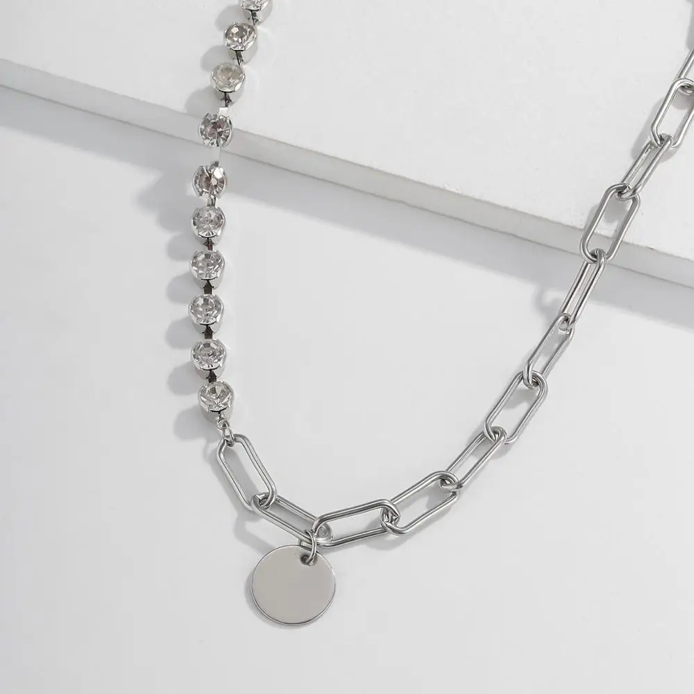 

IngeSight.Z Stainless Steel Rhinestone Choker Necklace Collar Simple Minimalist Round Circle Sequins Pendant Necklaces Jewelry