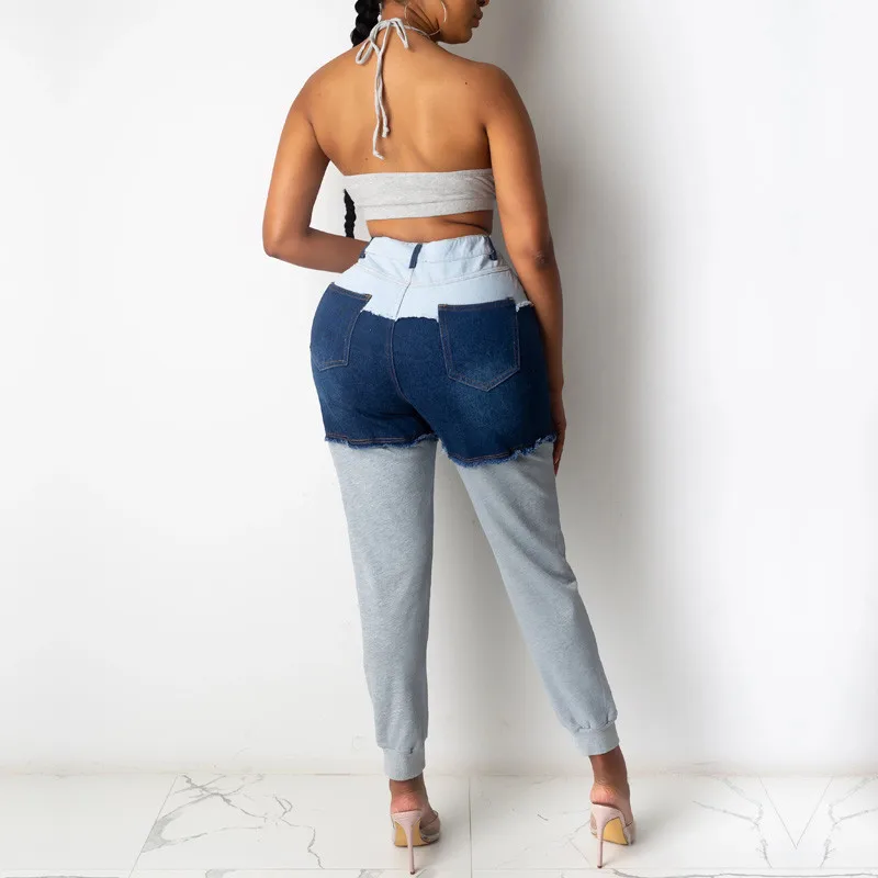 

Woman Pants 2020 Patchwork High Waist Casual Denim Pants Sport Trousers Mujer Pantalones Calas Mulher Spodnie
