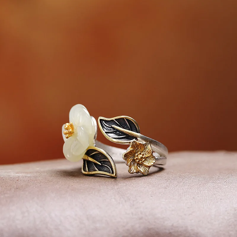 

Character Silver, retro-made ring S925 Silver Jewelry Women's peach and Tian Jade ring, open hand jewelry