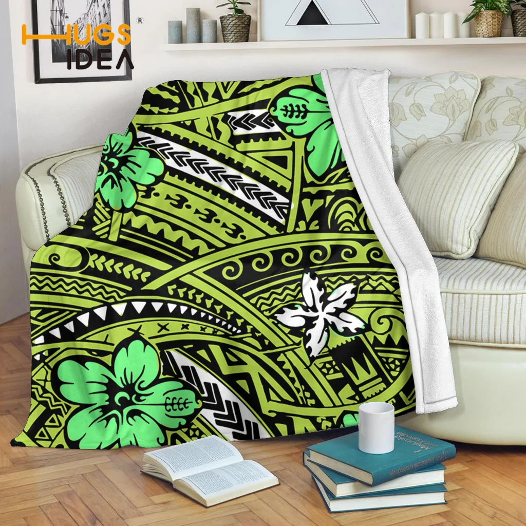 

HUGSIDEA Fleece Sofa Blanket For Living Room Bedroom Autumn Condition Quilt Polynesian Tribe Hibiscus Design Fleece Blankets