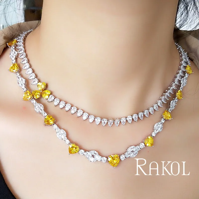 RAKOL Мода сердца синий желтый блестящий AAA CZ Камень Висячие серьги и цепочки комплект ювелирных изделий для невесты свадебное Помолвочное платье