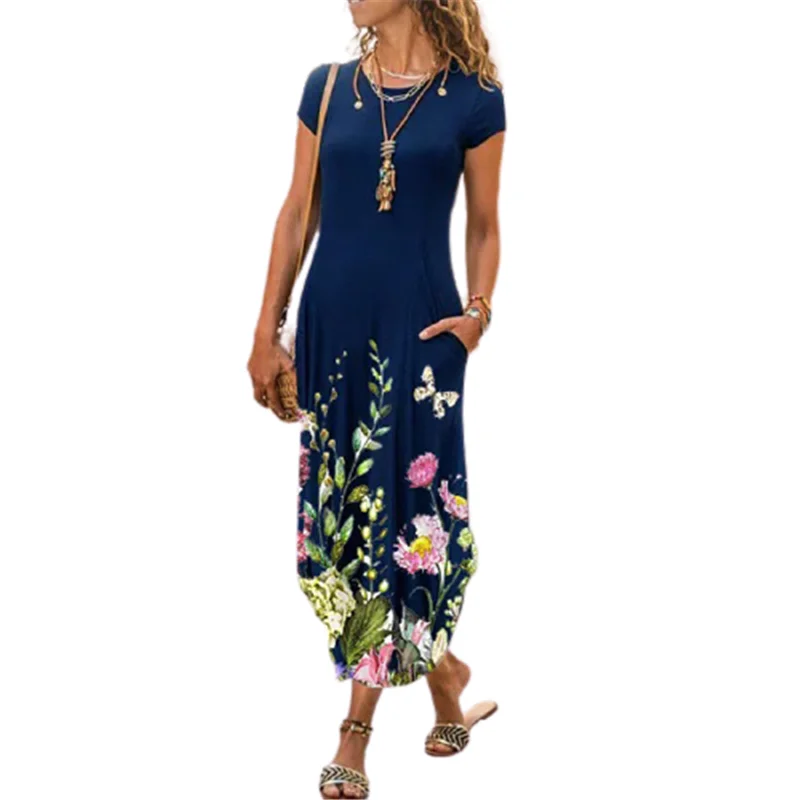 

2021 Summer Women Flower Print Boho Dress Fashion Slim Sundress Casual O-Neck Short Sleeve T-shirt Dresses Ladies Street Vestido