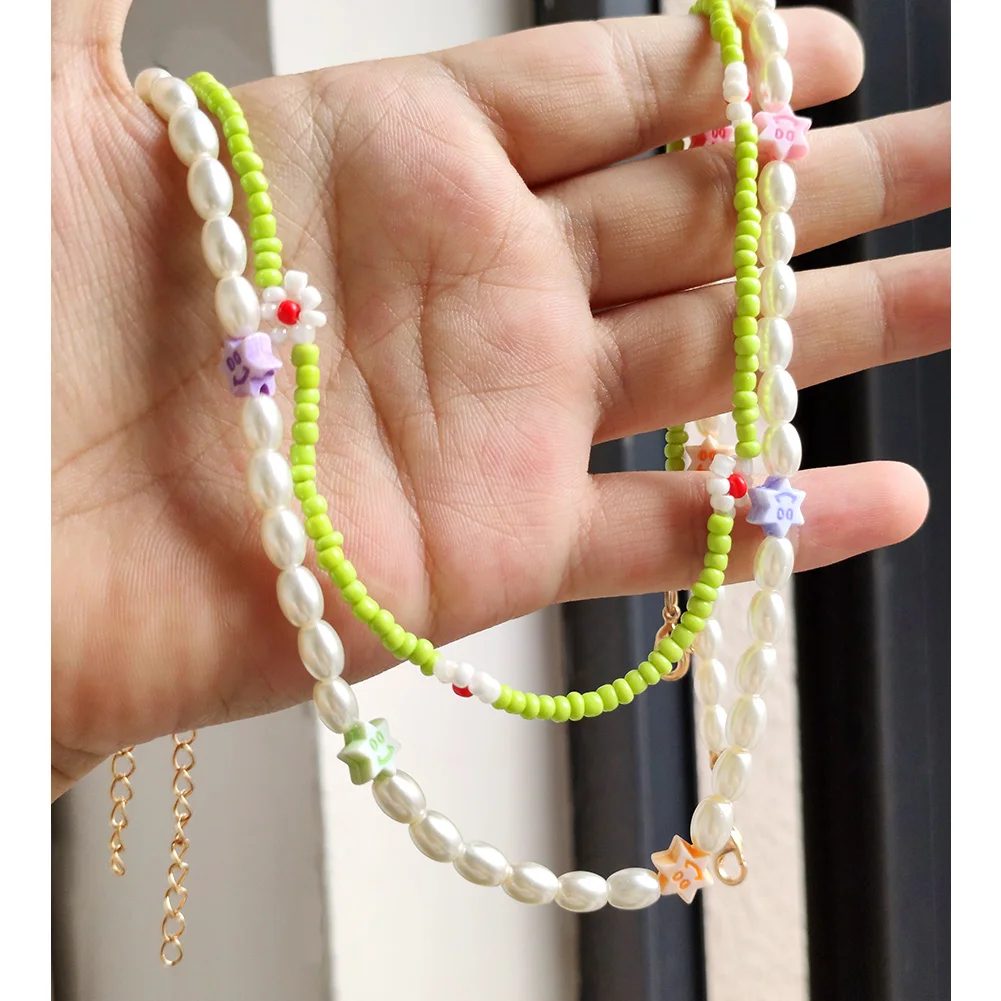 

Multilayer Oval Pearl Colorful Star Beaded Necklace Acrylic Flower Green Bead Strand Choker Collar Handmade Bohemian Jewelry New