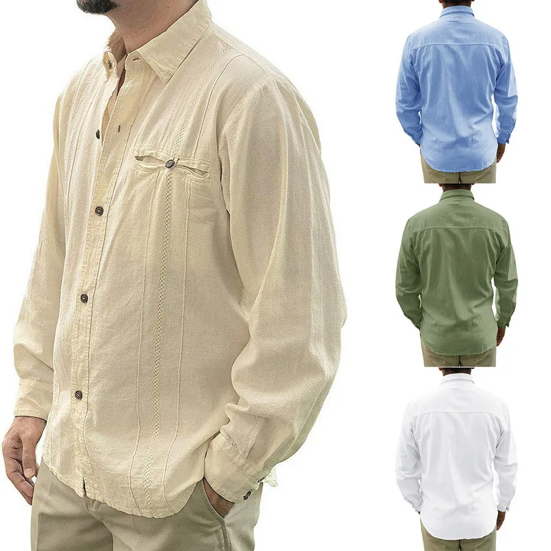 OEAK мужские рубашки свободного кроя в Кубинском стиле Guayabera льняные рубашки повседневные пляжные рубашки на пуговицах M-3XL свободные однотонные рубашки с длинным рукавом
