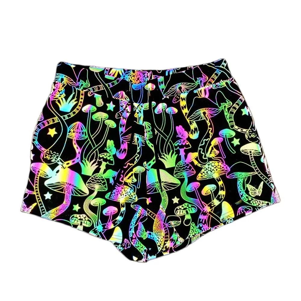 American Mushroom Rainbow Reflective Shorts Pants Men Fluorescent Trousers Casual Night Jogger Boys Drawstring Elastic Waist