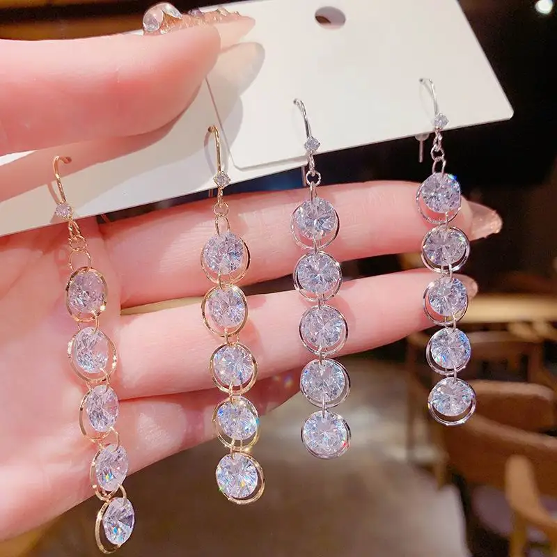 

Circles Zircon Long Earrings For Women Korean Style 2021 New Jewelry Statement Shinning Stones Earings Wholesale