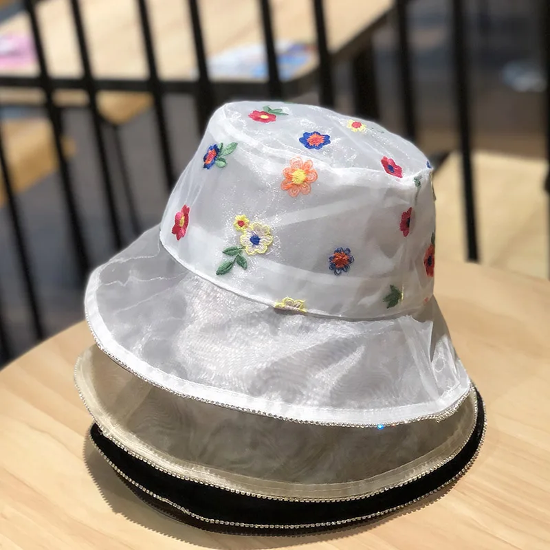 

Панама женская кружевная в Корейском стиле, сетчатая Милая летняя пляжная шляпа от солнца с цветами и блестками для девушек, кепка для рыбал...