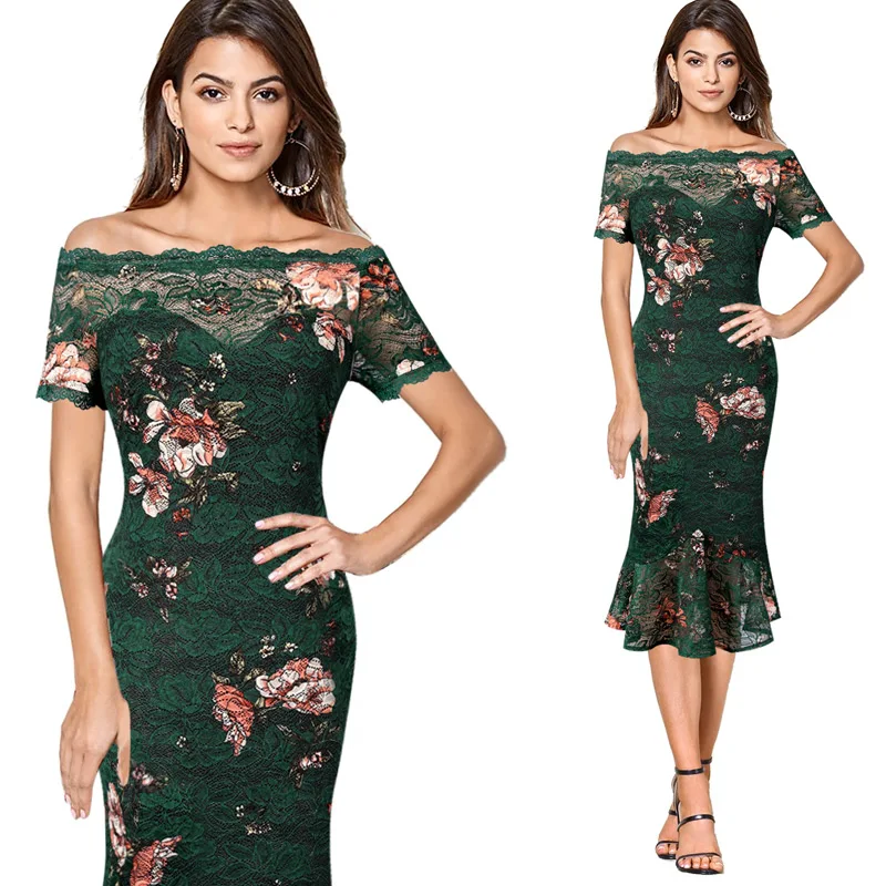 Green and Pink Vfemage женское винтажное платье-карандаш с открытыми плечами, цветочными кружевами, официальное коктейльное платье для свадебной вечеринки, облегающее платье-карандаш в стиле «русалка», миди, 980 - Цвет: Green and Pink