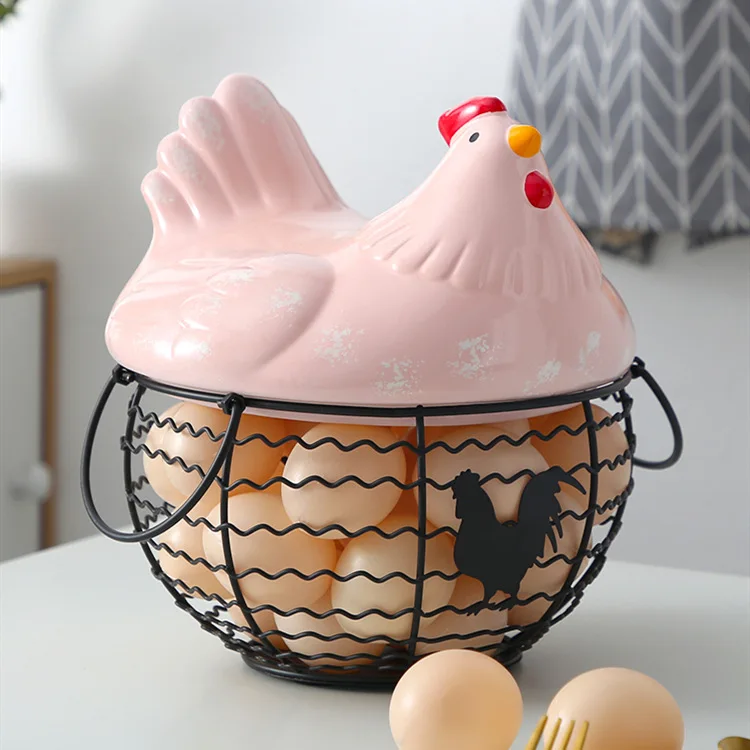 

Creative Hen Storage Basket Ceramic Metal Material Egg Storage Can Handle Fruit Basket Kitchen Supplies Home Decoration