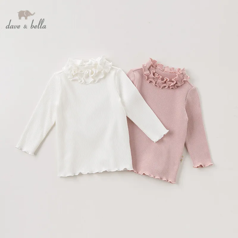 

DB12093 dave bella autumn baby girls ruched solid T-shirt children long sleeve tops girls high quality pullover kids tees