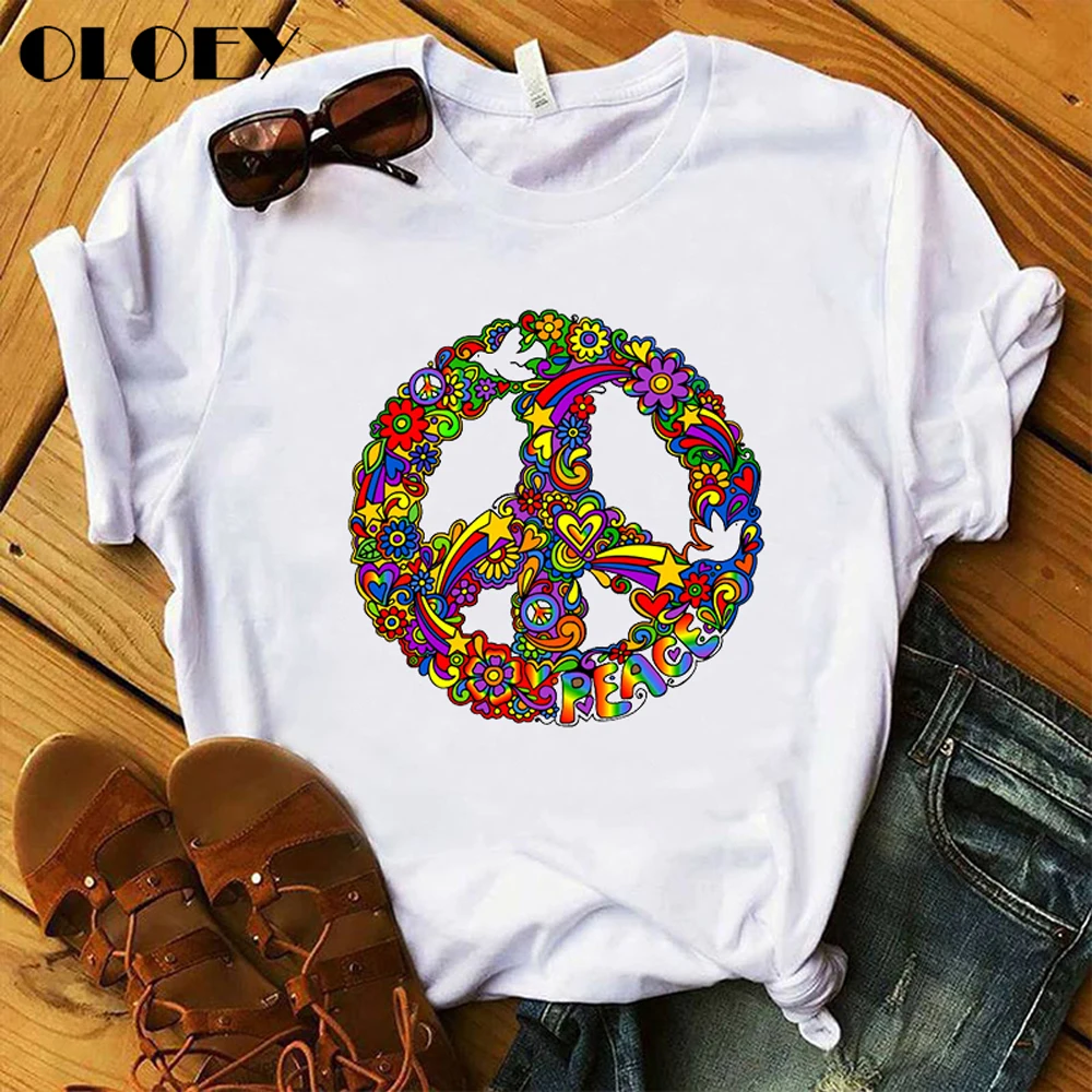 Футболка женская с рисунком брызг и надписью Peace топ радужным графическим