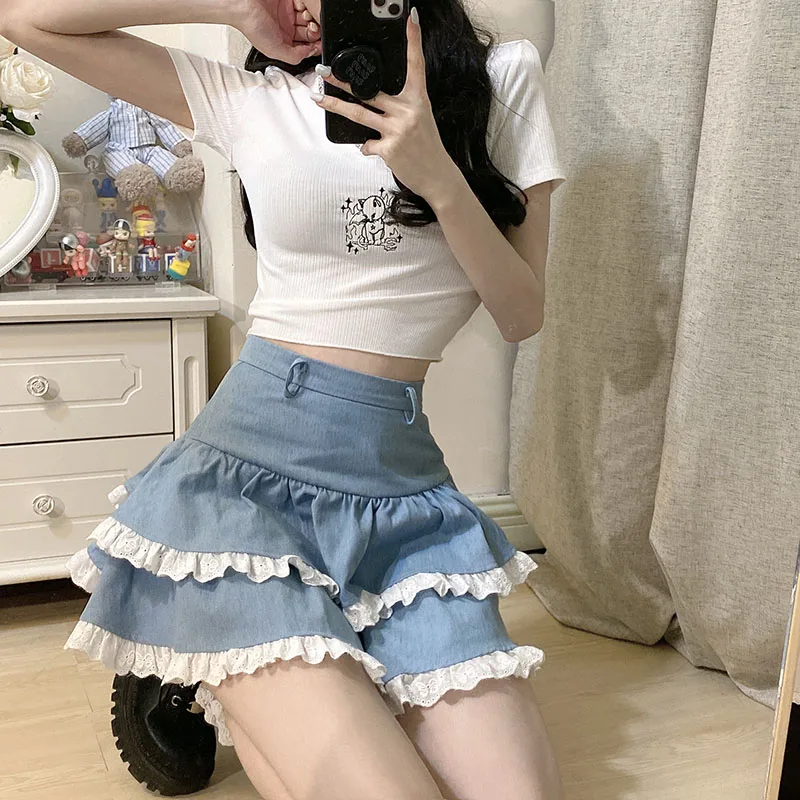 

Blue Mini skirt Japanese soft girl sweet Kawaii skirt Women Harajuku Two Layers Cake Skirts Lace Patchwork Ruffle Skirts Y2K