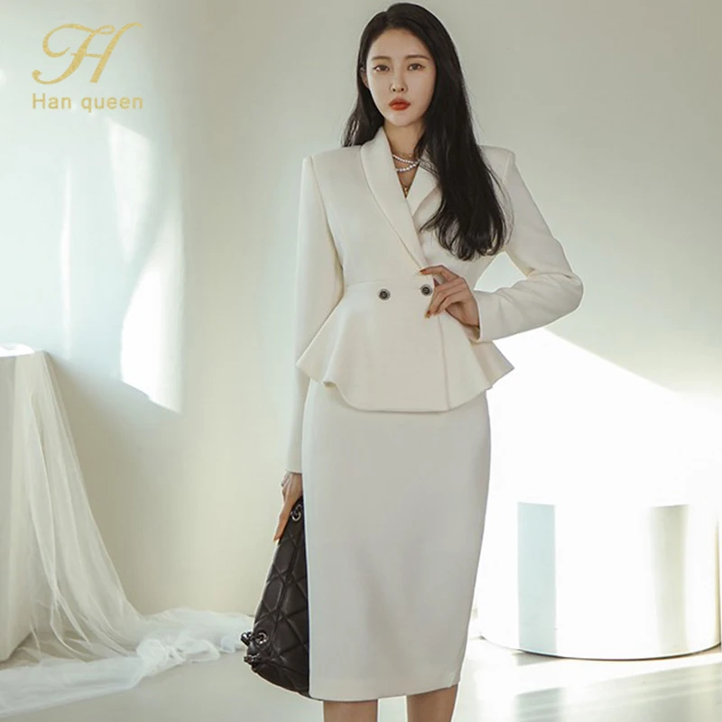 H Han Queen New Profession Set Women Coat Crop Top And High Waist Bodycon Pencil Skirts Korean Slim Chic Office Lady Skirt Suits